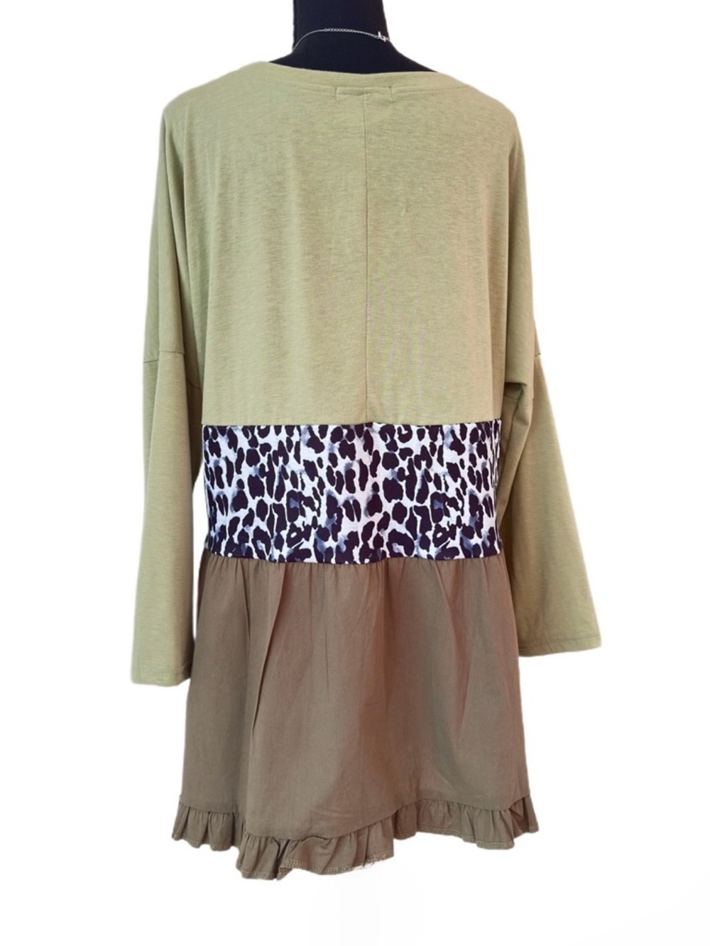 MISSLOOK ~ Olive V-Neck Tiered Tunic Dress with Leopard Waistband Long Sleeves - Picture 7 of 10